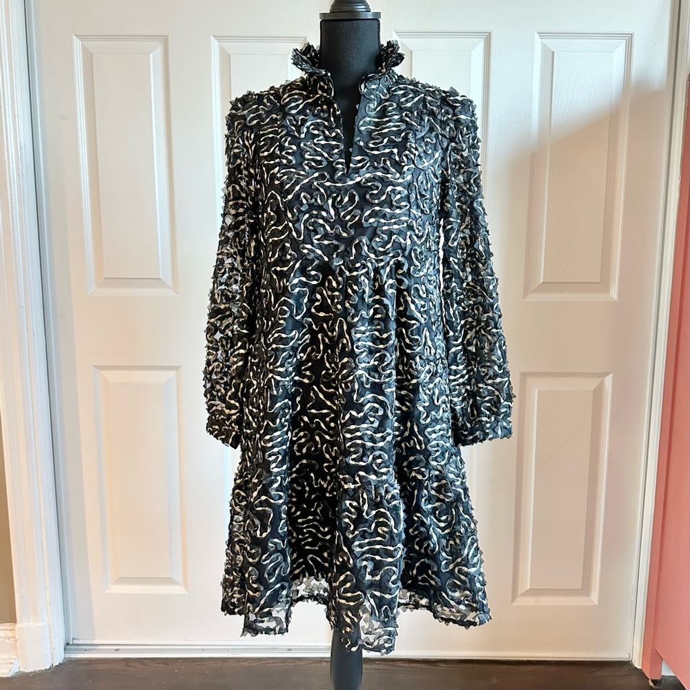 Tuckernuck Black Ribbon and Mesh Long Sleeve High Neck Baby Doll Dress